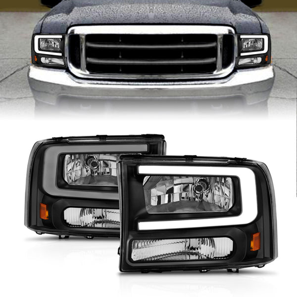 ANZO Crystal Headlights Black Housing w/ Light Bar for Ford F-250/F-350/F-450 & Excursion 19992004 (Excl. 1999)