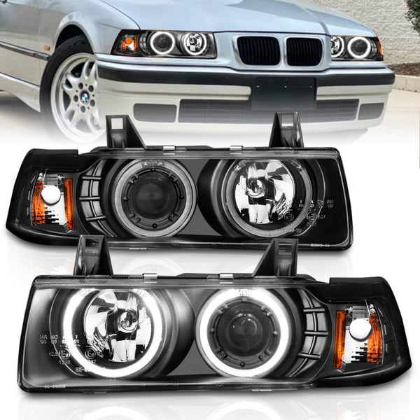 ANZO 1992-1998 BMW 3 Series E36 Projector Headlights w/ Halo Black G2 1 pc