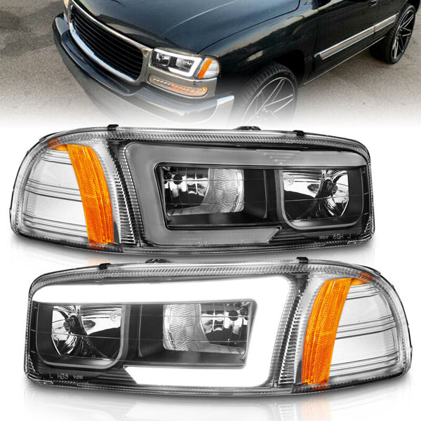 ANZO Black/Amber Headlights w/ C Light Bars for 19992017 GMC Sierra & Denali (Pair)