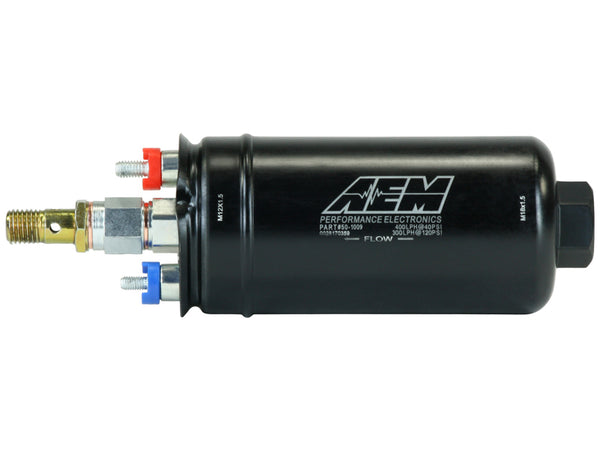 AEM 400LPH High Pressure Inline Fuel Pump M18x1.5 Female Inlet to M12x1.5 Male Outlet