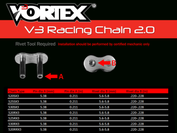Vortex Racing V3 2.0 Master Link Rivet 525SX3-RCL- Black