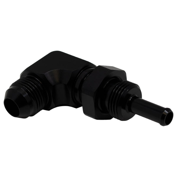 DeatschWerks 8AN Male Flare to 5/16in Male Barb Bulkhead Adapter - 90-Degree, Anodized Matte Black