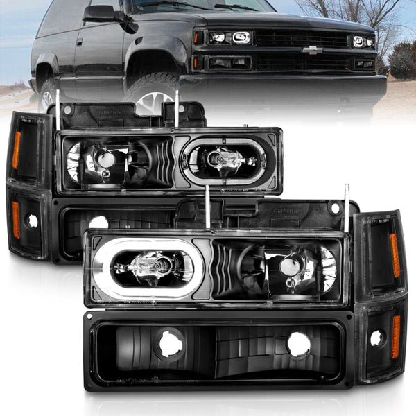 ANZO Crystal Headlight Set (Pair) Black Housing w/ Signal & Side Markers - 1988-1998 Chevrolet C1500