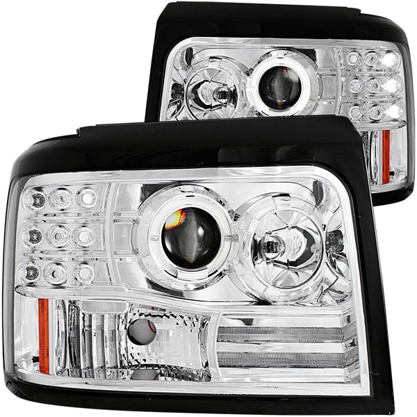 ANZO Projector Headlights w/ Halo Rings - Chrome Housing Clear Lens - Ford F-150 1992-1996