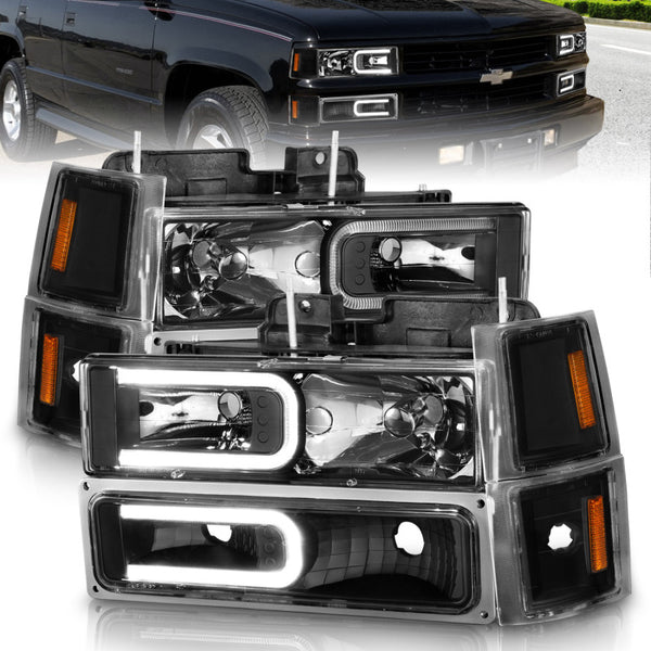 ANZO Crystal Headlight Set Black Housing w/ Signal & Side Markers for Chevrolet C1500 1988-1998