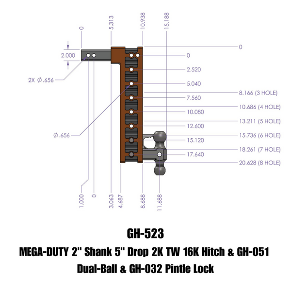 Gen-Y Mega Duty 2in Shank 5in Drop 2K TW 16K Hitch with Dual-Ball & Pintle Lock