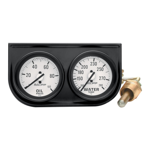 AutoMeter AutoGage Two-Gauge Console - 2-1/16in Oil Pressure 0-100 PSI (Mechanical) & Water Temp 100-280F - Black