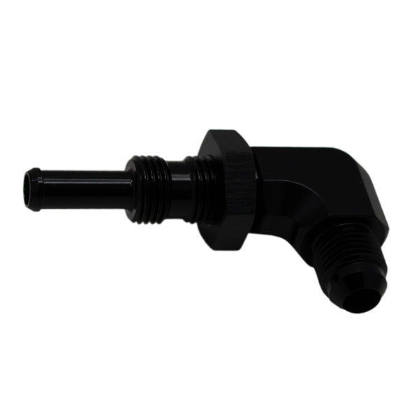 DeatschWerks 6AN Male Flare to 5/16in Male Barb 90-Degree Bulkhead Adapter - Matte Black