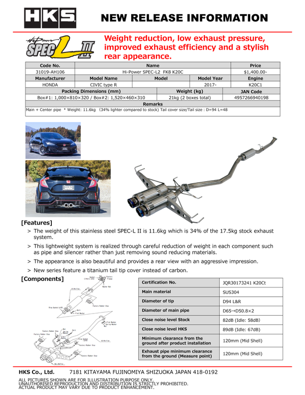 HKS Hi-Power SPEC-L2 Catback Muffler for FK8 K20C