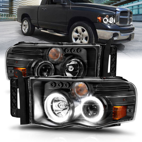 ANZO Projector Headlights w/ Halo 2002-2005 Dodge Ram 1500 (Black Housing, Clear/Amber Lens)