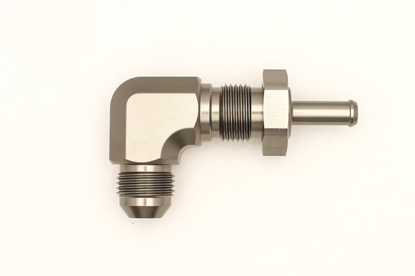 DeatschWerks 8AN Male Flare to 5/16in. Male Barb 90-Degree Bulkhead Adapter