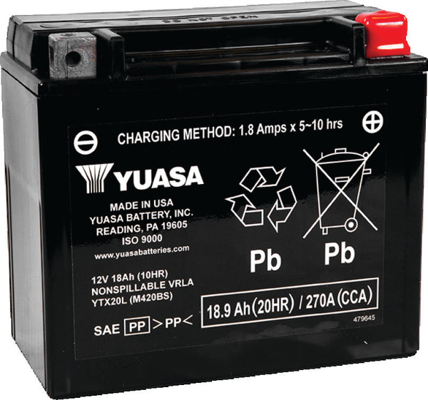 Yuasa YTX20L-BS Maintenance Free AGM 12-Volt Battery w/Bottle