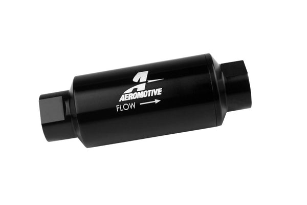 Aeromotive In-Line Fuel Filter 40-Micron Stainless Mesh ORB-10 Ports 2in OD Bright-Dip Black