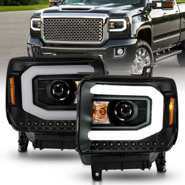 ANZO Projector Headlights w/ Light Bar Black Housing (Halogen) for 2014-2015 GMC Sierra 1500