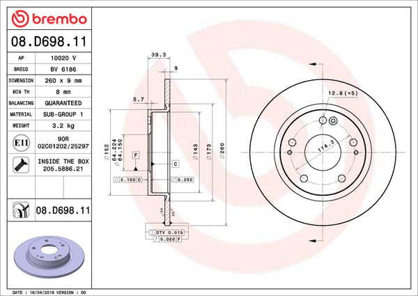 Brembo OE 16-24 Honda Civic/19-22 Insight UV Coated Brake Disc - Rear