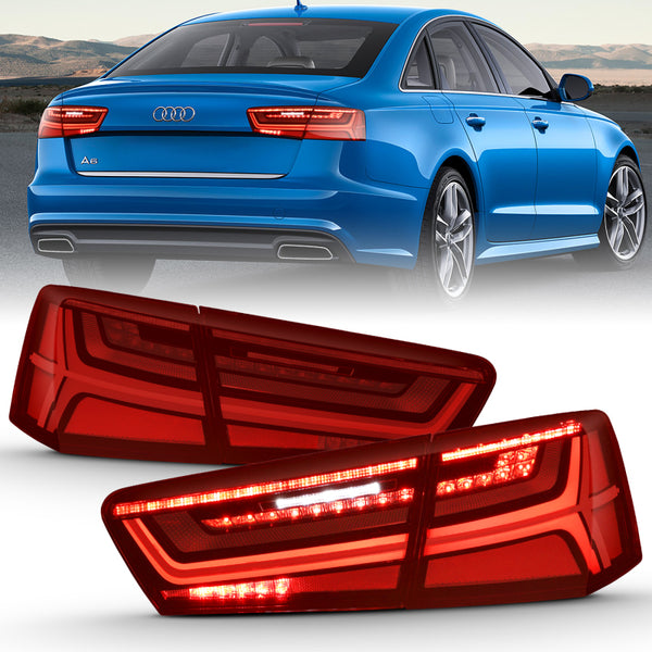 ANZO LED Tail Lights for 20122018 Audi A6 - Black Housing Red/Clear Lens, Sequential Signal (4-Piece Set)