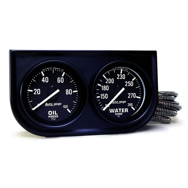 AutoMeter AutoGage Two-Gauge Console - 52.4mm Oil Pressure 0-100 PSI (Mech) & Water Temp 130-280 - Black