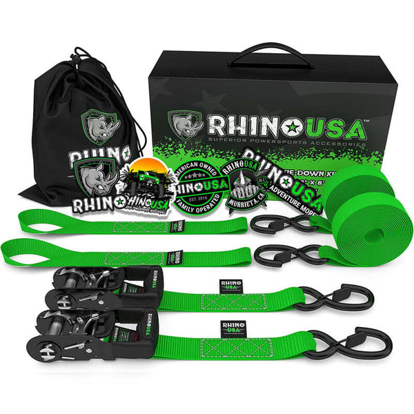 Rhino USA Heavy Duty Ratchet Tie-Downs 2-Pack (Green) 1.6In X 8Ft