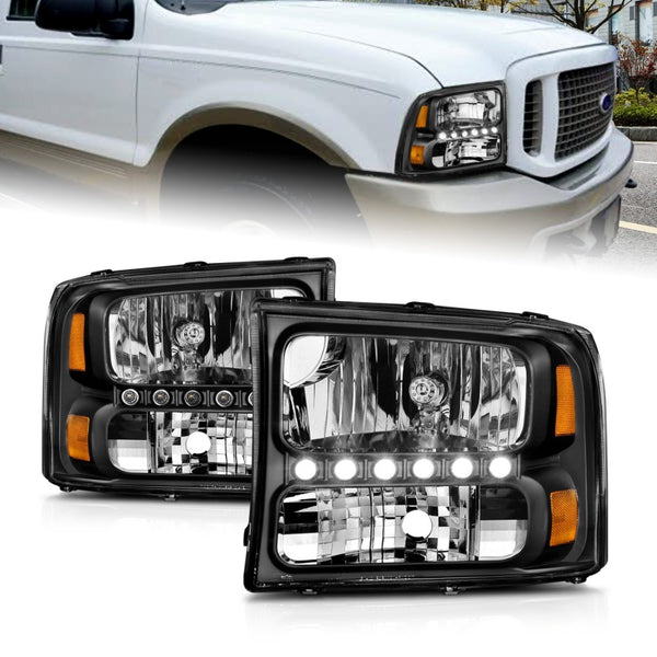 ANZO Crystal Black Headlights w/ LED Strip (Pair) for Ford Excursion 20002004