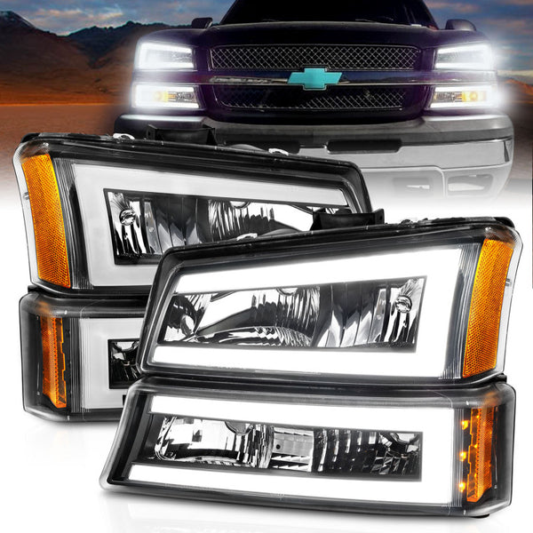 ANZO Crystal Headlights w/ Light Bar - Black Housing - Chevrolet Silverado 1500 (2003-2006)