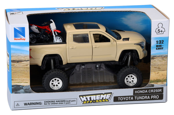 New Ray Toys Toyota Tundra Pro Lifted Truck Mud Bath with Honda Dirt Bike 1:32 Scale