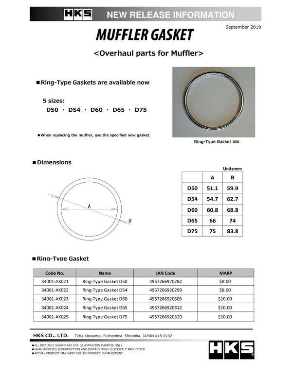 HKS Exhaust Muffler Gasket - 60.8mm ID, 68.8mm OD