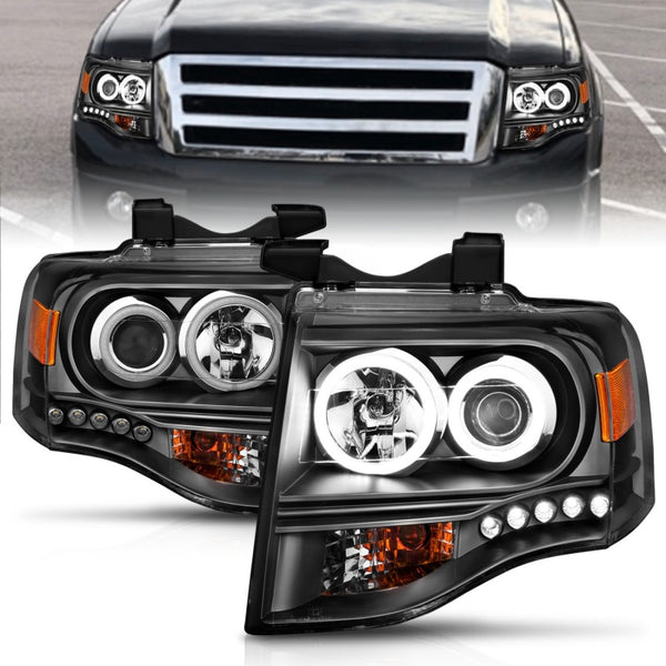 ANZO Projector Headlights w/ Halo - Black Housing - Ford Expedition 2007-2014