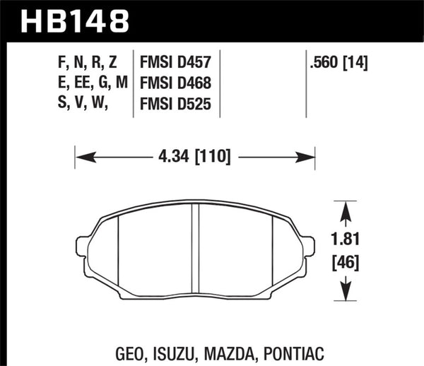 Hawk DTC-60 Front Race Brake Pads for Geo Storm, Isuzu Impulse & Mazda Miata (90-93)