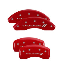 Load image into Gallery viewer, MGP 4 Caliper Covers Engraved Front &amp; Rear With stripes/Dodge Red finish silver ch