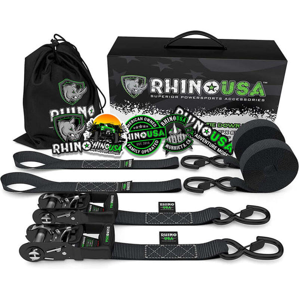 Rhino USA Heavy Duty Ratchet Tie-Downs 2-Pack (Black) 1.6In X 8Ft