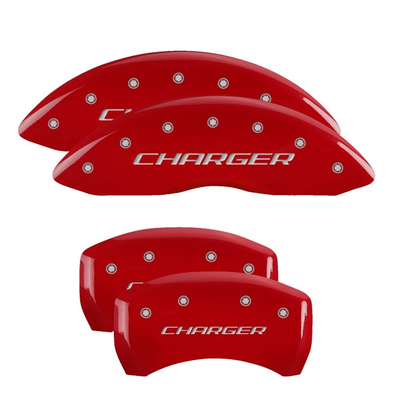 MGP 4 Caliper Covers Engraved Front & Rear Block/Charger Red finish silver ch