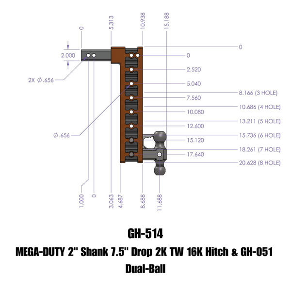 Gen-Y Mega Duty 2in Shank 7.5in Drop 2K TW 16K Dual-Ball Hitch Receiver