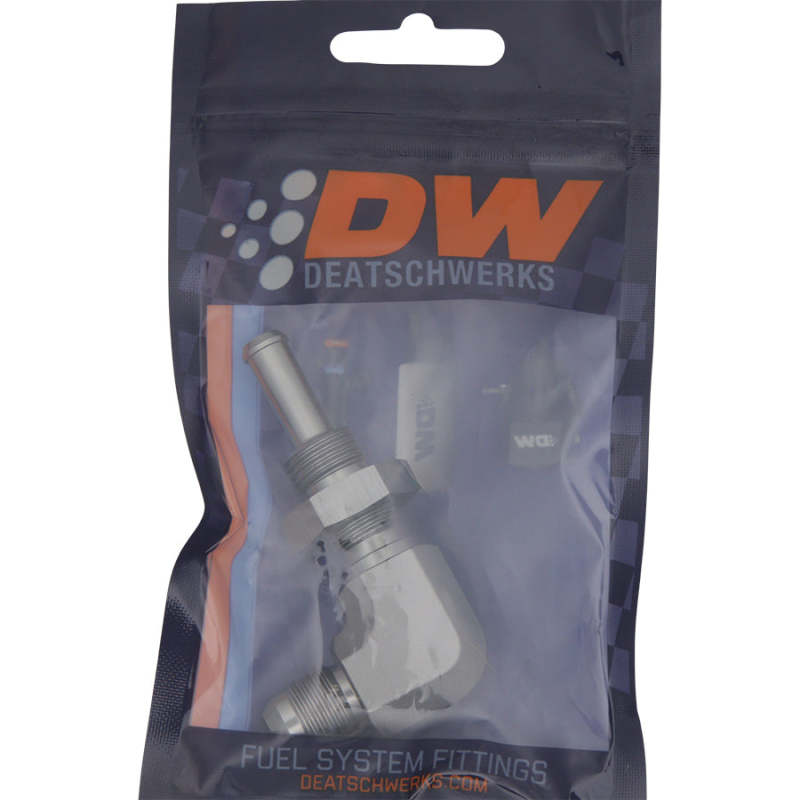 DeatschWerks 6AN Male Flare To 5/16in. Male Barb Bulkhead Adapter 90-Degree (Incl. Nut)