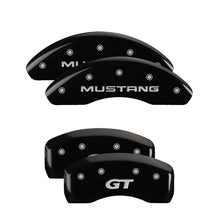 Load image into Gallery viewer, MGP 4 Caliper Covers Engraved Front Mustang Engraved Rear SN95/GT Black finish silver ch