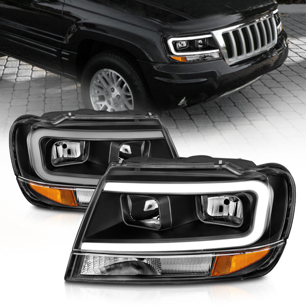 ANZO Crystal Headlights w/ Light Bar Black Housing for Jeep Grand Cherokee 19992004