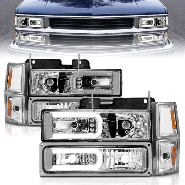 ANZO Crystal Headlight Set w/ Light Bar (Chrome Housing) for Chevrolet C1500 19881998