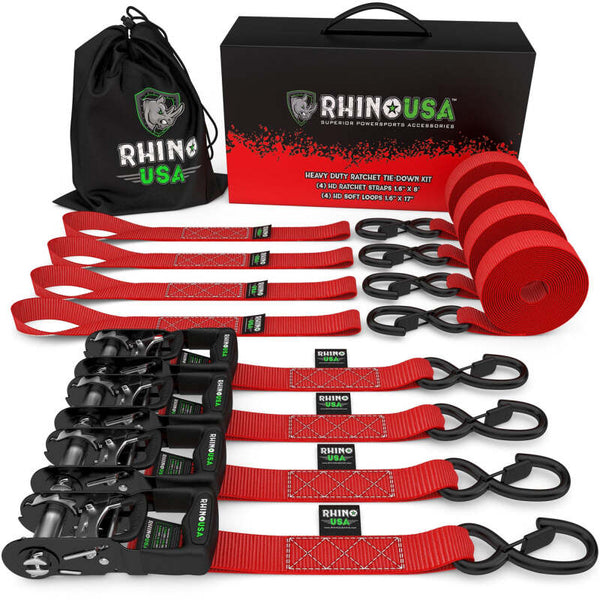 Rhino USA Heavy Duty Ratchet Tie-Down 4-Pack Red 1.6In X 15Ft
