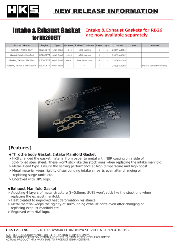 HKS Throttle Body Gasket for RB26DETT