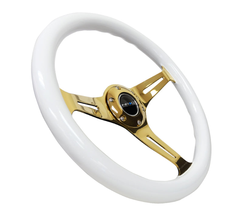 NRG Classic Wood Grain Steering Wheel (350mm) White Grip w/Chrome Gold 3-Spoke Center