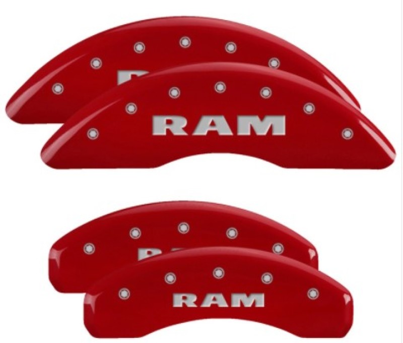 MGP 4 Caliper Covers Engraved Front & Rear 2019 Ram 1500 Red Finish Silver RAM Logo