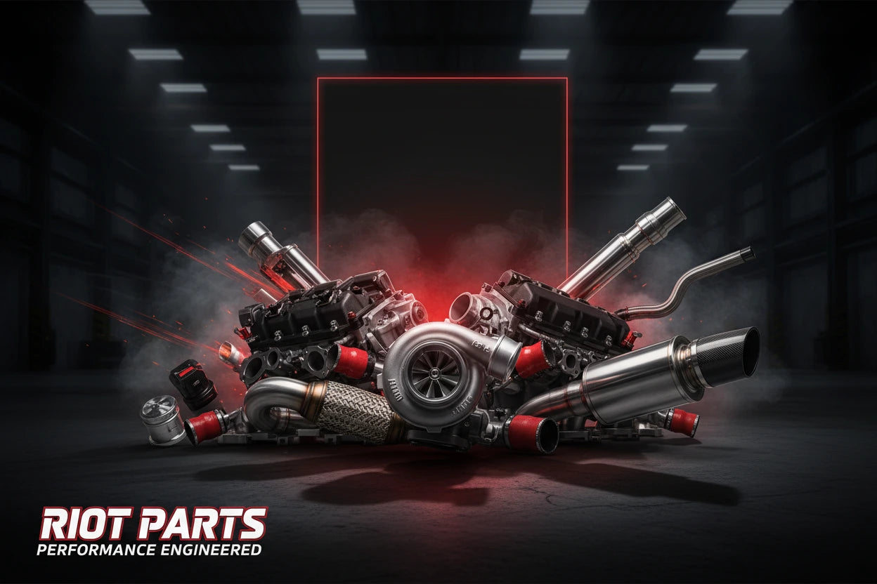 Automotive engine parts on a dark background with 'Riot Parts' branding.