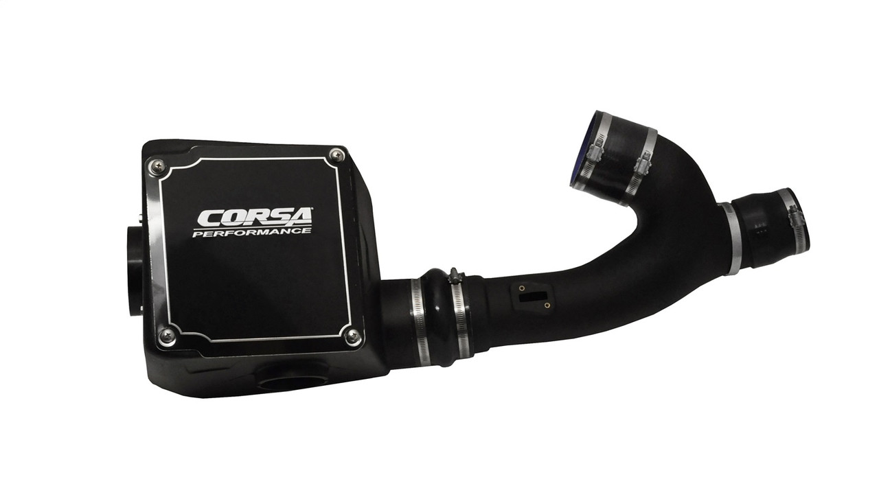 Performance air intake kit with a black filter box and curved intake tube.