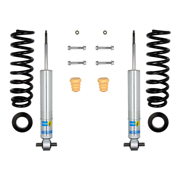 Suspension and lift kit with two shock absorbers, coil springs, bump stops, and mounting hardware.