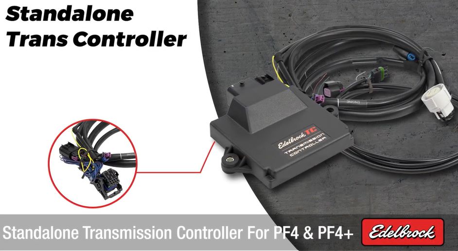 Edelbrock Standalone Transmission Controller for PF4 and PF4+ with wiring harness and close-up connector details.